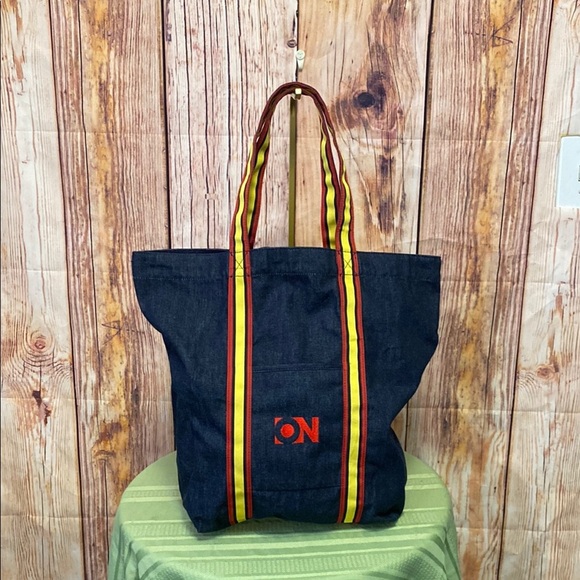 Old Navy-Blue Denim Tote Bag with Yellow-Red Straps and Red Logo - Picture 1 of 6